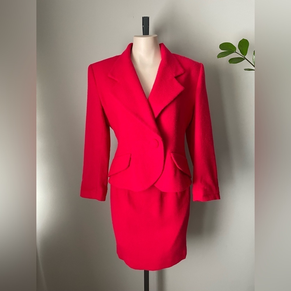 80s Vintage Julie & Leonard Suits Wool Hot Pink Blazer Jacket Skirt Power Suit